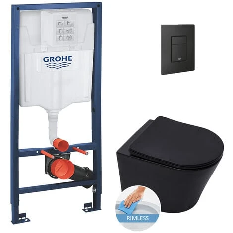 Grohe Toilet Set Rapid SL Frame + Infinitio Rimless Toilet, Matt Black + Softclose Seat + Matt Black Flush Plate 1 Grohe Toilet Set Rapid SL Frame + Infinitio Rimless Toilet, Matt Black + Softclose Seat + Matt Black Flush Plate